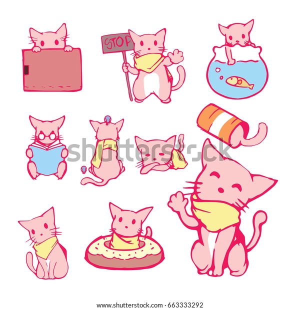 Set Cute Cat Character Icons Stickers Stock Vector Royalty Free Shutterstock