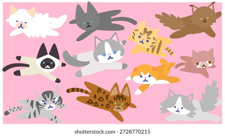A set of cute cat character illustrations in various poses.