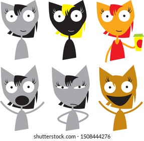 Set of cute cat character with various emotions. Vector illustrations. logo, mascot, sticker, emoji, emoticon.