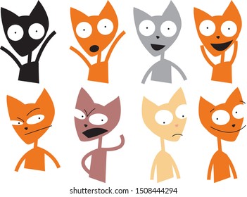 Set of cute cat character with various emotions. Vector illustrations. logo, mascot, sticker, emoji, emoticon.