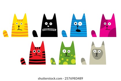 Set of cute cat character with various emotions. Vector illustrations. logo, mascot, sticker, emoji, emoticon.