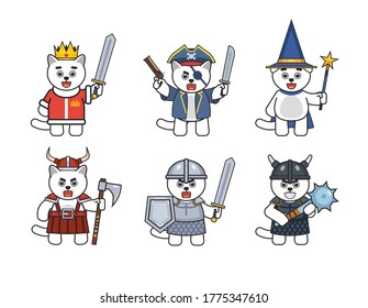 Set of cute cat characters in medieval, fantasy outfits. Chibi cat king, pirate, wizard, viking, knight cats. Vector illustration bundle