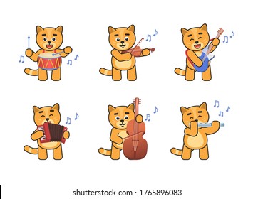 Set of cute cat characters playing on various musical instruments. Chibi cat playing on drum, violin, guitar, accordion, flute, double bass. Vector illustration bundle