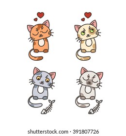 Set of cute cat characters. Satisfied fed kittens. Wary fishbone. Pet in love.