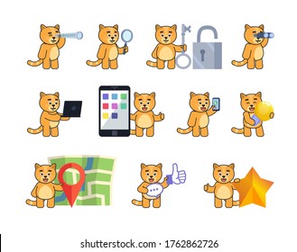 Set of cute cat characters in various situations. Chibi yellow cat holding spyglass, magnifier, big key, idea bulb, standing near map and showing other actions. Vector illustration bundle