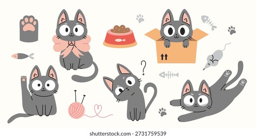 Conjunto de personajes lindos del gato en varias poses con impresión de pata, bola de hilo, tazón de comida y accesorios juguetones. Ilustración vectorial moderna de moda aislada en el fondo blanco, dibujado a mano, diseño plano