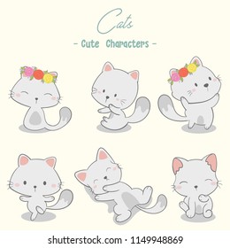 set of cute cat characters vector