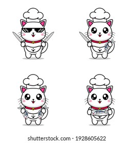 Set Cute Cat Chef  Design Mascot Kawaii