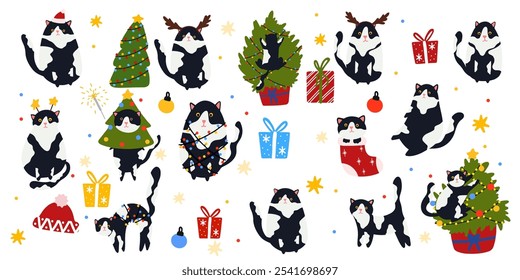 Set of Cute Cat and Christmas elements, vector illustration in flat style. Design Christmas stickers Doodle style