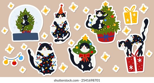 Conjunto de elementos bonito gato e Natal, ilustração vetorial em estilo plano. Design adesivos de Natal Estilo Doodle