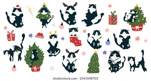 Set of Cute Cat and Christmas elements, vector illustration in flat style. Design Christmas stickers Doodle style