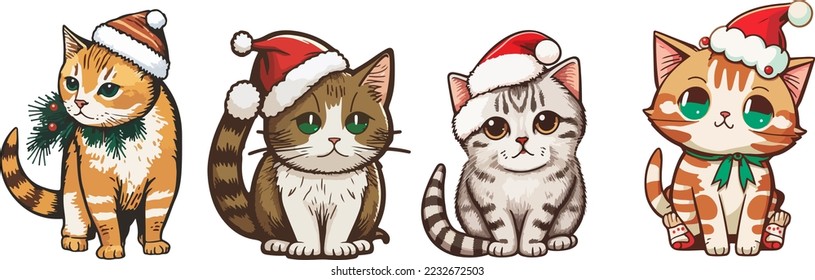 Set of Cute Cat with christmas hat, isolated on white background. christmas theme kitten set. cute kitten. for copy space and design assest. hand drawen cute cat cartoon style sticker. tshirt designs