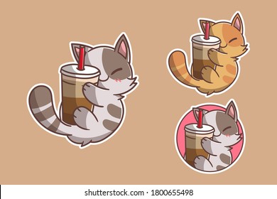 conjunto de adorable logotipo de mascota de café de gato con apariencia opcional. vector kawaii premium