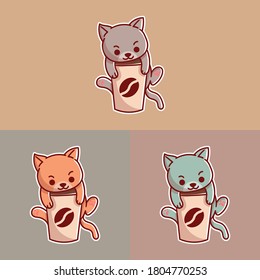 set of cute cat coffee mascot logo with optional appearance. premium kawaii vector
