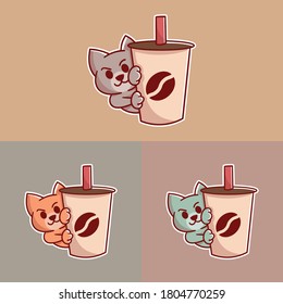 conjunto de adorable logotipo de mascota de café de gato con apariencia opcional. vector kawaii premium
