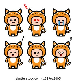set of cute cat costume cartoon character with different expression. animal concept vector illustration
