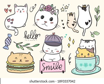 Set of cute cat couple illustration cartoon for kids coloring and print
