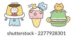 Set of cute cat with dessert in galaxy concept.Pet animal character cartoon design.Pudding,ice cream,macaron hand drawn.Meow lover,Kawaii.Vector.Illustration.