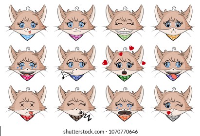 Set of cute cat with different emotions. Character cartoon  kitten face. Avatar emoticon illustration. Cat emoji in cartoon style. Chat icon collection. Cats heads emoticons vector.