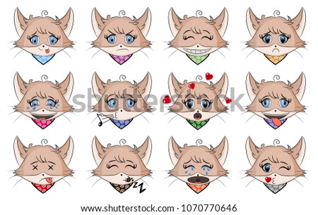 Set of cute cat with different emotions. Character cartoon  kitten face. Avatar emoticon illustration. Cat emoji in cartoon style. Chat icon collection. Cats heads emoticons vector.