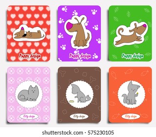 Set of cute cat and dog cards. Can be use for children illustrations, package design, wrapping, mugs,greeting cards or textile design. Vector