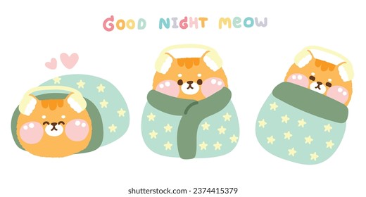 Set of cute cat doll relax in various poses cover with a blanket.Pet animal character cartoon design.Meow sleep.Winter.Pastel.Kawaii.Vector.Illustration.