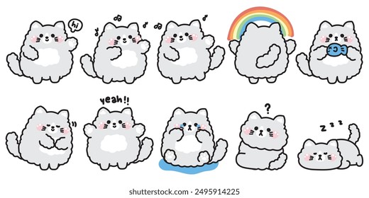 Set of cute cat doll in various poses and feeling.Emotional.Greeting,cry,thank you,dancing,rainbow.Pet animal character cartoon design.Image for card,poster,baby product.Kawaii.Vector.