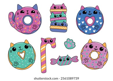 Set of cute cat donuts in kawaii style. Kittens lollypop pet paw, candy. Cartoon kids stickers