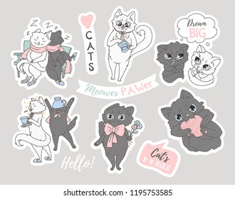 Set of cute cat doodles on grey backround. Funny cats for prints, textile etc.