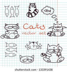 Set of cute cat doodles on squared notebook paper. Vector illustration.