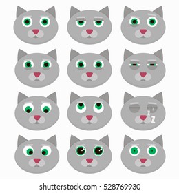 Set of cute cat emoticons. Vector illustration.