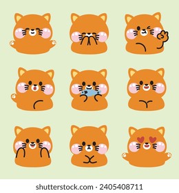 Set of cute cat face in various poses feeling on pastel background.Pet animal character cartoon design.Meow hand drawn collection.Kawaii.Vector.Illustration.