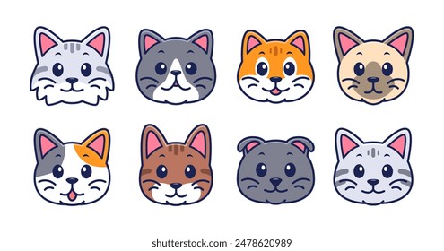 Set of cute cat face with various breed vector illustration