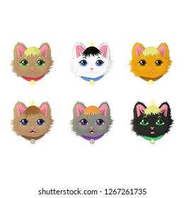 set of cute cat faces with big eyes on white background