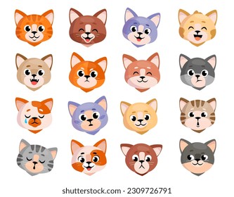 Conjunto de caras lindas de gatos de diferentes razas con diferentes emociones aisladas en fondo blanco. Íconos y emoticonos adorables de cabezas gatitas tristes, alegres, sonrientes y gruñones. Ilustración vectorial de dibujos animados.