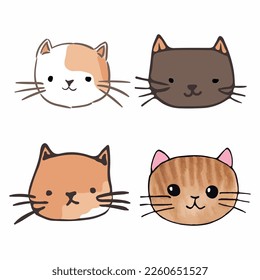 Set of cute cat faces. Funny doodle animals. Kittens in cartoon style. Vector illustration