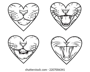Set of cute cat faces in the heart. Collection of open mouthed cats with whiskers. Cute lovely animal. Vector illustration of domestic animals.