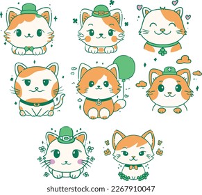 a set of cute cat faces in St. Patrick's day costume