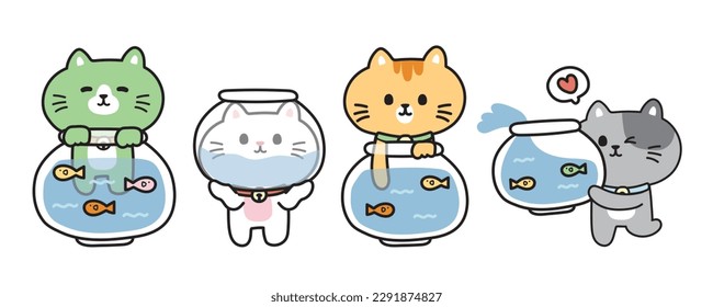 Juego de gatos lindos con dibujos animados de jarras de pescado en varias poses sobre fondo blanco. Diseño de personajes animales mascotas.Colecciones de amantes de miau.Kawaii.Vector.Ilustración.