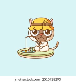 set Cute cat fishing fish on island kawaii chibi character mascot illustration outline style designcat 