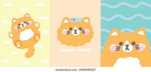 Conjunto de lindo gato y pez.Miau amante.Animal mascota personaje de dibujos animados.Notas de la cubierta.Notas de papel.Papelería.Imagen para tarjeta, etiqueta engomada, decoración, ropa de bebé.Kawaii.Vector.Ilustración.