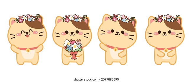 Juego de gatos lindos con flor en varias poses de dibujos animados sobre fondo blanco. Diseño del personaje animal. Dibujo a mano de mascota. Spring.Kawaii.Isolated.Vector.Illustration.