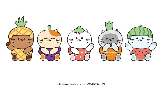 Conjunto de gatos bonitos con traje de frutas y verduras sentados en fondo blanco.Colección de dibujos animados de personajes animales de mascotas.Fresa, piña, uva, zanahoria, agua tirada a mano.Vector.Ilustración