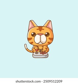 set Cute cat Gamer Playing Game with joystick kawaii chibi character mascot illustration outline style design