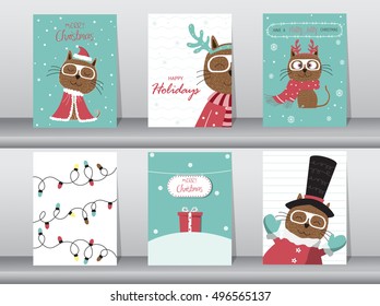 Set of cute cat greeting card, poster,templates,christmas,Vector illustrations