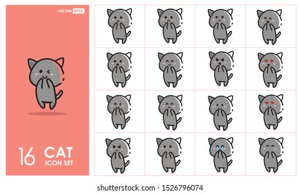Set of cute cat grey Emoji Line Icons In Different Expressions