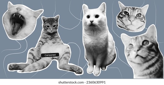 Set of cute cat with halftone effect. Punk collage made from elements. Cat, animal, pet from different angles, different poses, funny. Vector illustration. Retro style, vintage, magazine clippings
