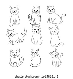 Set of cute cat, hand drawn doodle sketch on white back ground.