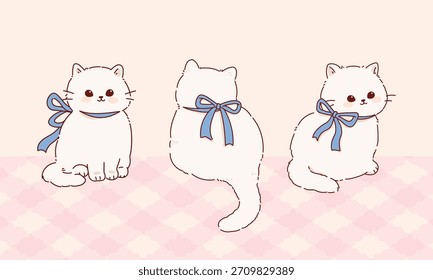 Conjunto de lindo gato. Dibujado a mano estilo kawaii de dibujos animados. Ilustración vectorial de colores suaves pastel.