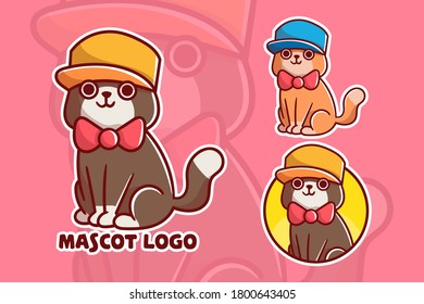 set of cute cat hat mascot logo with optional apprearance. premium kawaii vector